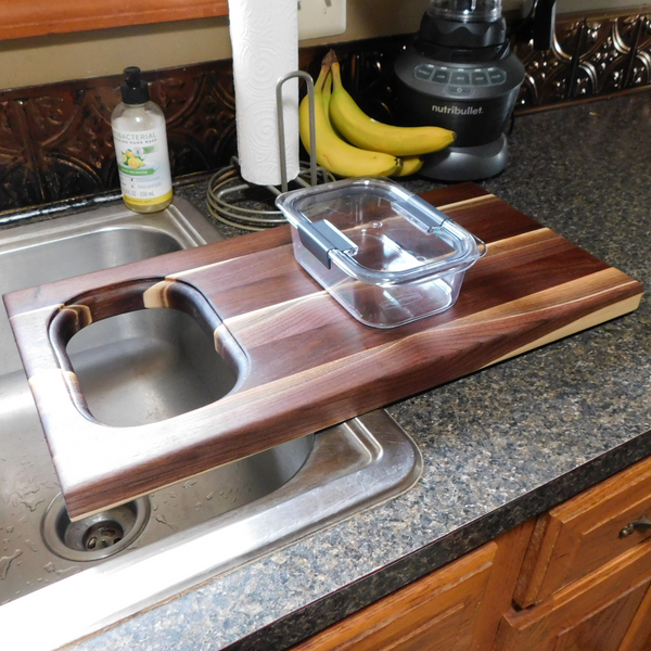 Over The Counter Black Walnut Edge Grain Cutting Board with Tupperware Insert & Clear Rubber Grip Feet