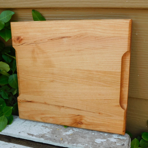 Small Cherry Wood Edge Grain Cutting Board with Beveled Edge & Hand Grooves On Sides