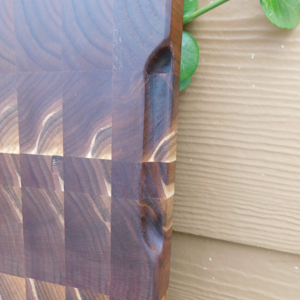 Black Walnut End Grain Cutting Board with Hand Grooves and Clear Rubber Grip Feet