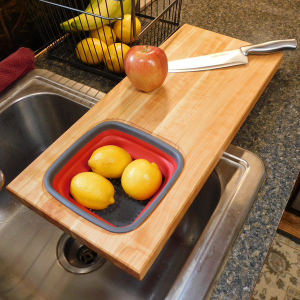 Over The Sink Cherry Wood Edge Grain Cutting Board with Colander and Clear Rubber Grip Feet