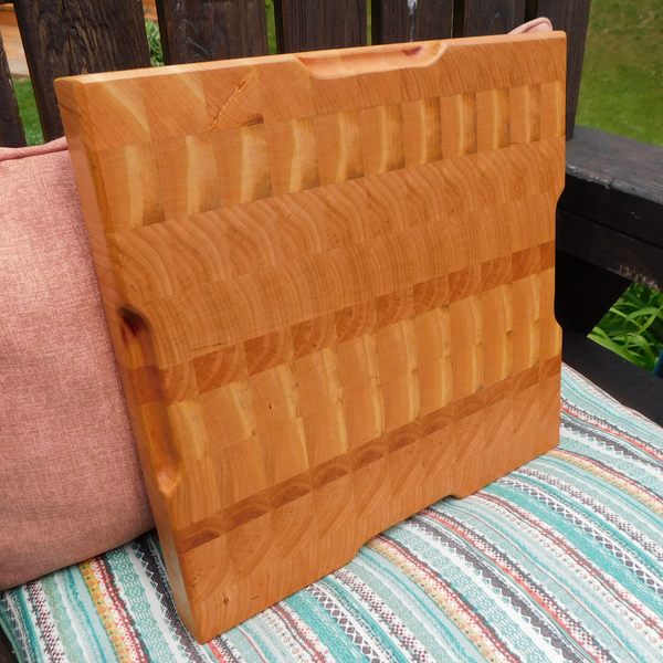 Cherry Wood End Grain Cutting Board with Hand Grooves on All Four Sides and Beveled Edge
