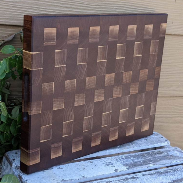 Large Black Walnut End Grain Cutting Board with Built In Handles and Clear Rubber Grip Feet