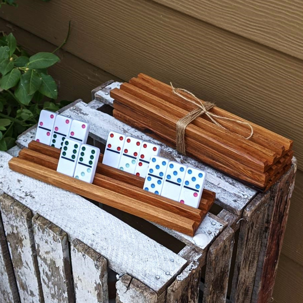 Set of FOUR Hickory Wood Domino Holders with 3 Angled Domino Slots