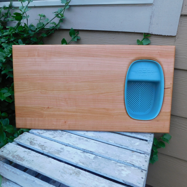 Over The Sink Cherry Wood Edge Grain Cutting Board with Colander and Clear Rubber Grip Feet