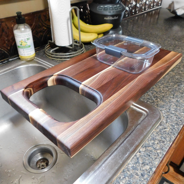 Over The Counter Black Walnut Edge Grain Cutting Board with Tupperware Insert & Clear Rubber Grip Feet