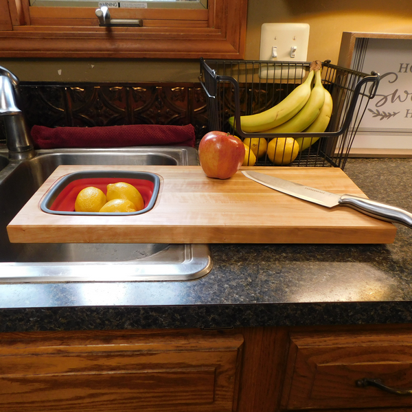 Over The Sink Cherry Wood Edge Grain Cutting Board with Colander and Clear Rubber Grip Feet