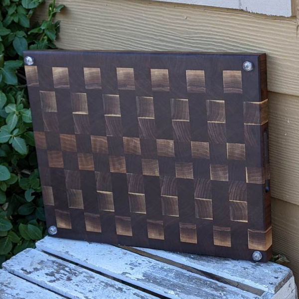 Large Black Walnut End Grain Cutting Board with Built In Handles and Clear Rubber Grip Feet