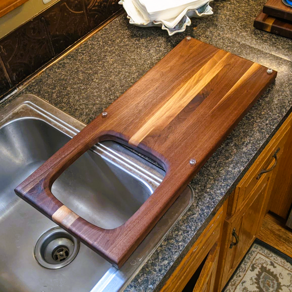 Large Over The Sink Black Walnut Edge Grain Cutting Board with Colander and Clear Rubber Grip Feet