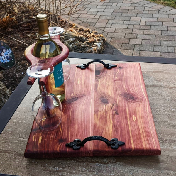 Red Cedar Wine Charcuterie Board with Two Wine Glasses
