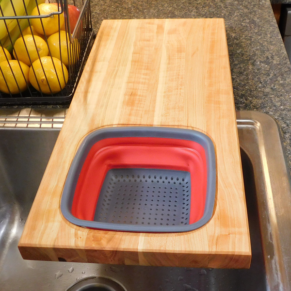Over The Sink Cherry Wood Edge Grain Cutting Board with Colander and Clear Rubber Grip Feet