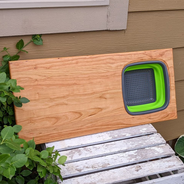 Over The Sink Cherry Wood Edge Grain Cutting Board with Collapsible Colander and Clear Rubber Grip Feet