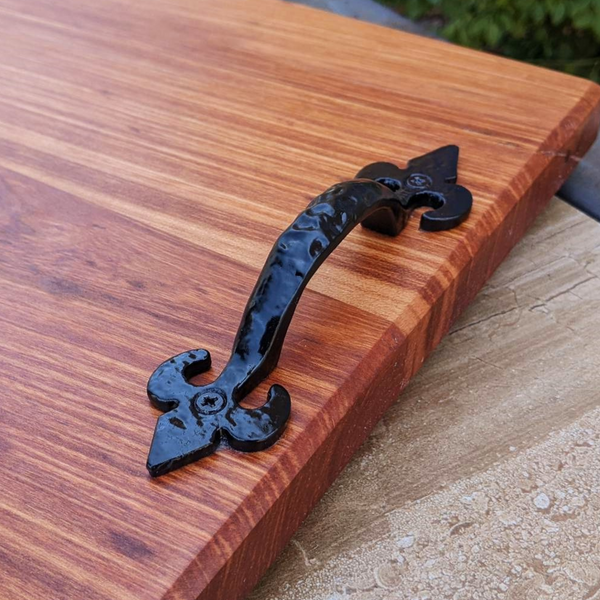 Spalted Cherry Wood Wine Charcuterie Board with Two Wine Glasses, Cast Iron Handles, & Clear Rubber Grip Feet