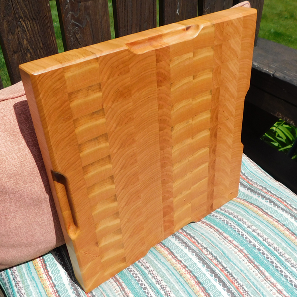 Cherry Wood End Grain Cutting Board with Hand Grooves on All Four Sides and Beveled Edge