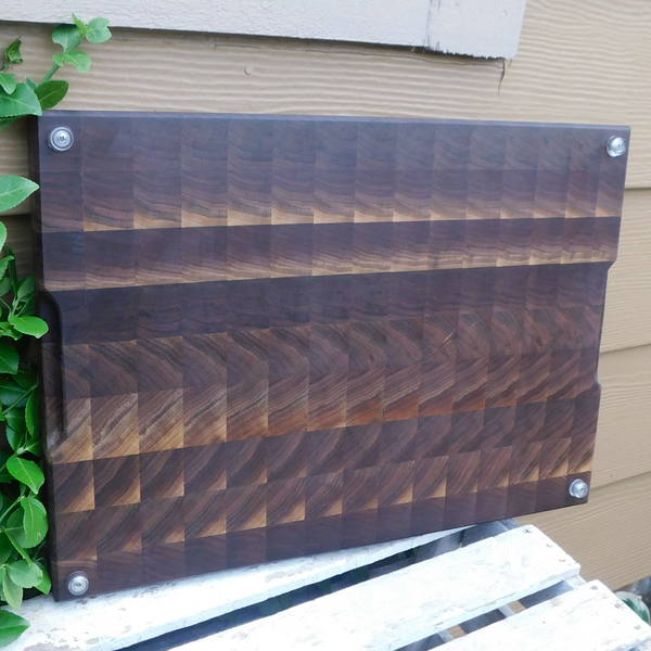 Large Black Walnut End Grain Cutting Board with Hand Grooves and Clear Rubber Grip Feet