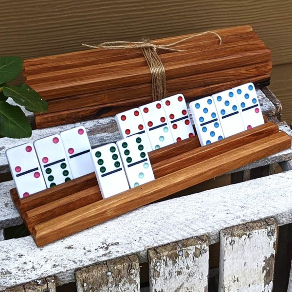 Set of FOUR Hickory Wood Domino Holders with 3 Angled Domino Slots