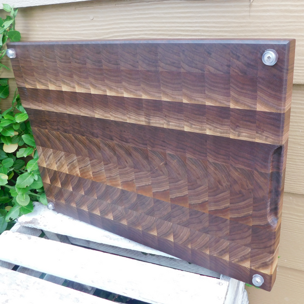 Large Black Walnut End Grain Cutting Board with Hand Grooves and Clear Rubber Grip Feet