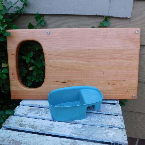 Over The Sink Cherry Wood Edge Grain Cutting Board with Colander and Clear Rubber Grip Feet