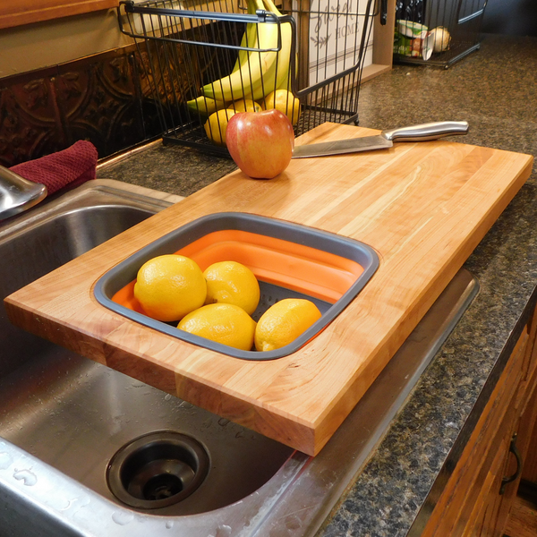 Over The Sink Cherry Wood Edge Grain Cutting Board with Colander and Clear Rubber Grip Feet