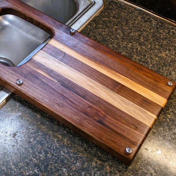 Over The Sink Black Walnut Edge Grain Cutting Board with Colander and Clear Rubber Grip Feet