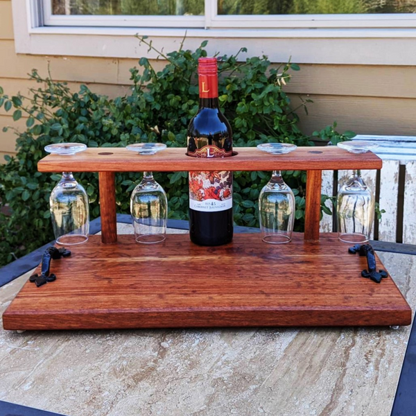 Spalted Cherry Wood Wine Charcuterie Board with Four Wine Glasses, Cast Iron Handles, & Clear Rubber Grip Feet