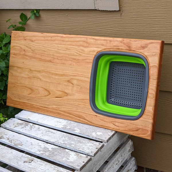 Over The Sink Cherry Wood Edge Grain Cutting Board with Collapsible Colander and Clear Rubber Grip Feet