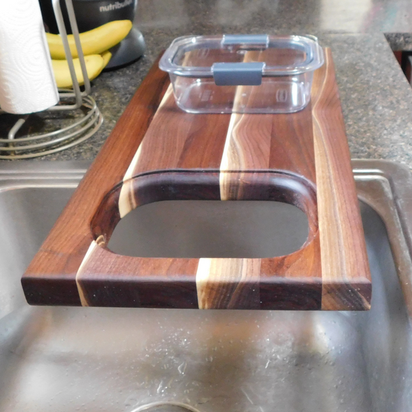 Over The Counter Black Walnut Edge Grain Cutting Board with Tupperware Insert & Clear Rubber Grip Feet