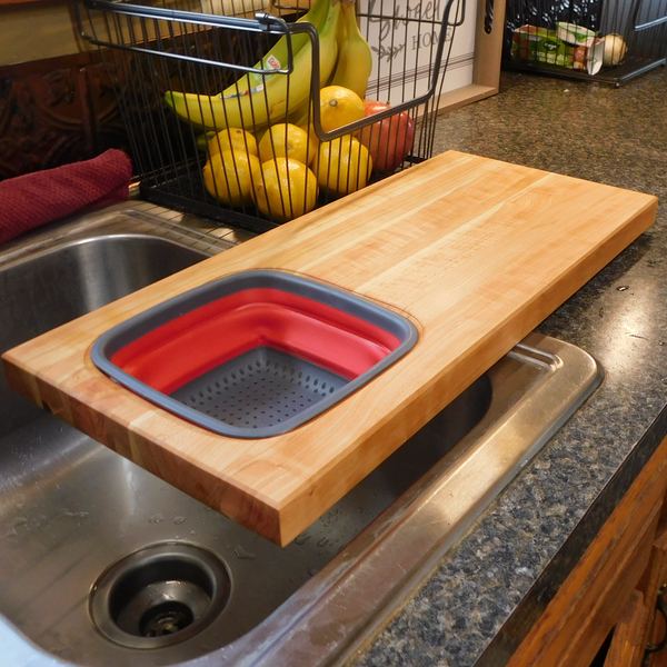 Over The Sink Cherry Wood Edge Grain Cutting Board with Colander and Clear Rubber Grip Feet