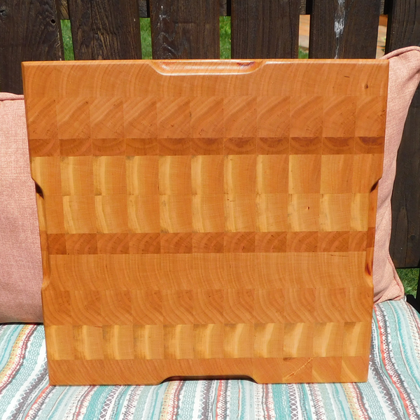 Cherry Wood End Grain Cutting Board with Hand Grooves on All Four Sides and Beveled Edge