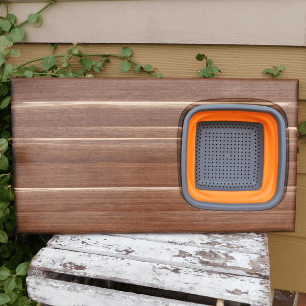 Large Over The Sink Black Walnut Edge Grain Cutting Board with Colander and Clear Rubber Grip Feet