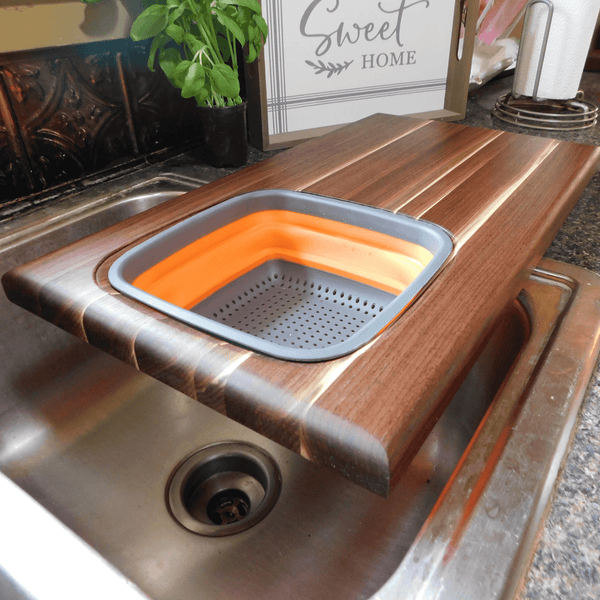 Large Over The Sink Black Walnut Edge Grain Cutting Board with Colander and Clear Rubber Grip Feet