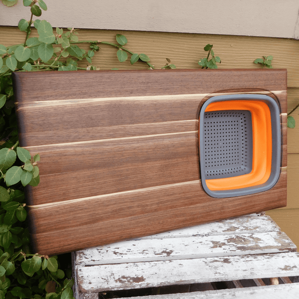 Large Over The Sink Black Walnut Edge Grain Cutting Board with Colander and Clear Rubber Grip Feet
