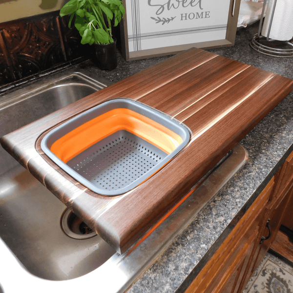 Large Over The Sink Black Walnut Edge Grain Cutting Board with Colander and Clear Rubber Grip Feet