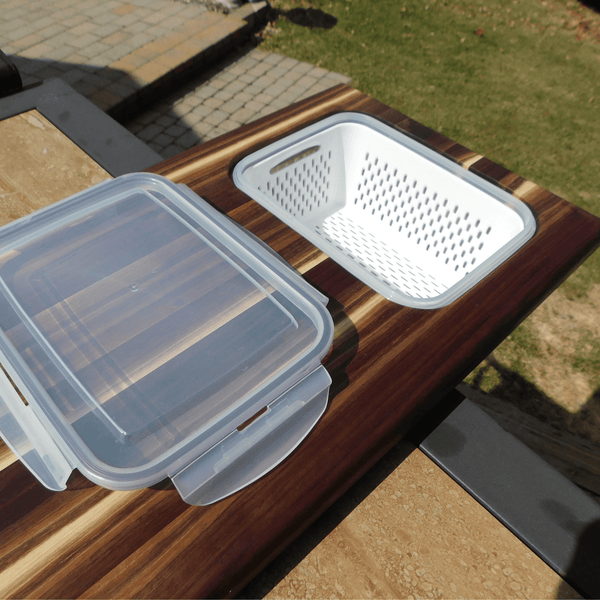 Over The Sink or Counter Black Walnut Edge Grain Cutting Board with Tupperware & Colander Combo & Clear Rubber Grip Feet