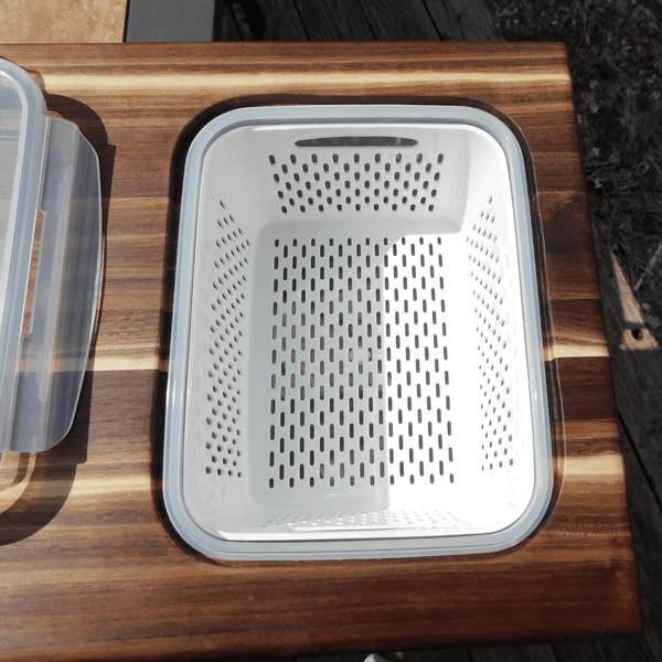 Over The Sink or Counter Black Walnut Edge Grain Cutting Board with Tupperware & Colander Combo & Clear Rubber Grip Feet
