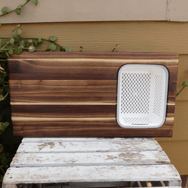 Over The Sink or Counter Black Walnut Edge Grain Cutting Board with Tupperware & Colander Combo & Clear Rubber Grip Feet