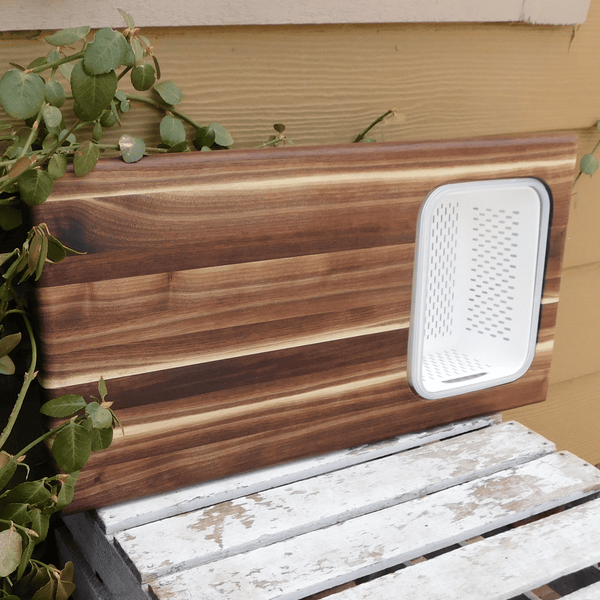 Over The Sink or Counter Black Walnut Edge Grain Cutting Board with Tupperware & Colander Combo & Clear Rubber Grip Feet