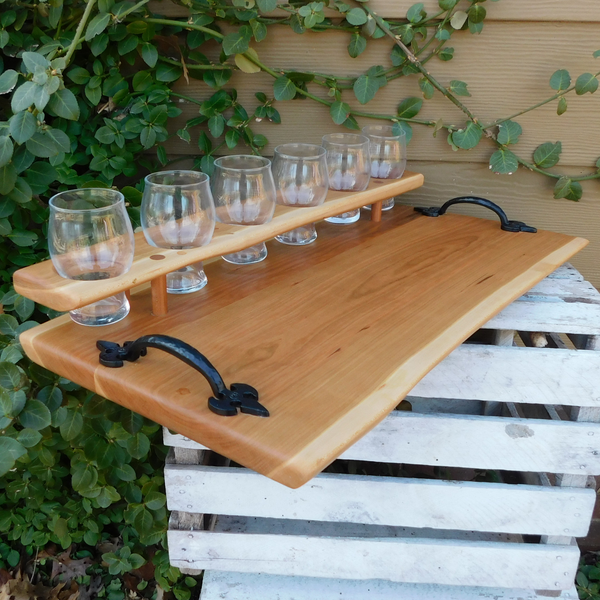 Cherry Wood Beer Flight Charcuterie Board with 6 - 5.5 oz. Luminarc Barlow Taster Glasses