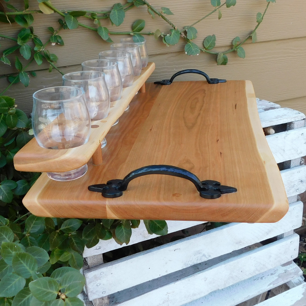 Cherry Wood Beer Flight Charcuterie Board with 6 - 5.5 oz. Luminarc Barlow Taster Glasses