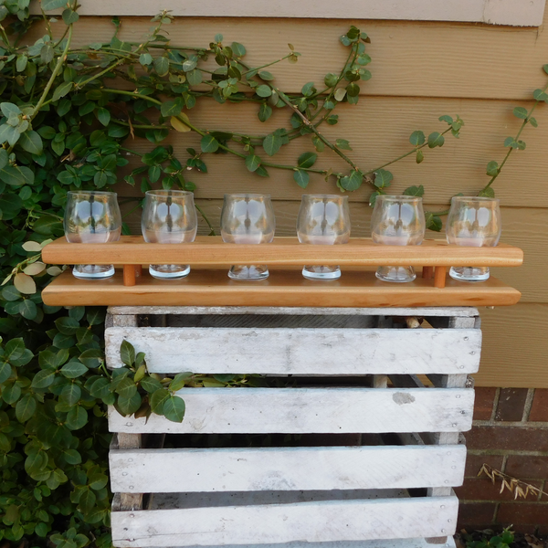 Cherry Wood Beer Flight Charcuterie Board with 6 - 5.5 oz. Luminarc Barlow Taster Glasses
