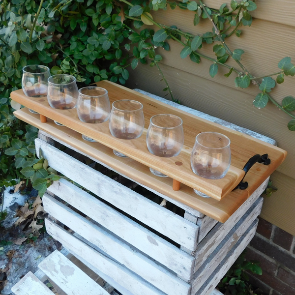 Cherry Wood Beer Flight Charcuterie Board with 6 - 5.5 oz. Luminarc Barlow Taster Glasses