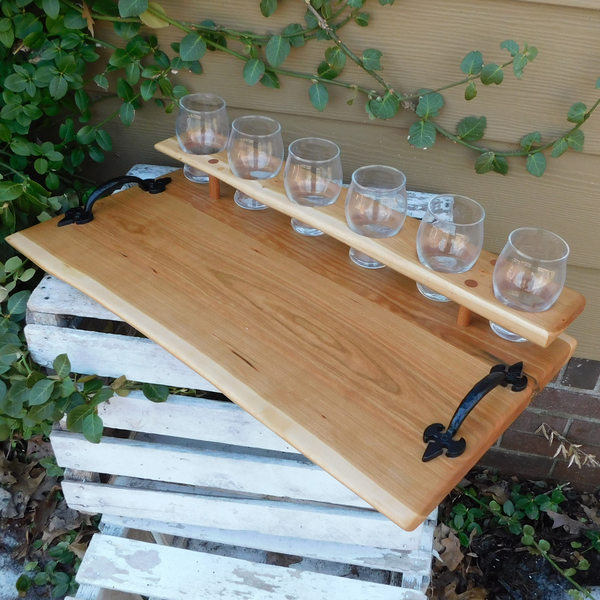 Cherry Wood Beer Flight Charcuterie Board with 6 - 5.5 oz. Luminarc Barlow Taster Glasses