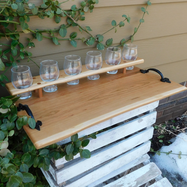 Cherry Wood Beer Flight Charcuterie Board with 6 - 5.5 oz. Luminarc Barlow Taster Glasses