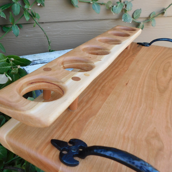 Cherry Wood Beer Flight Charcuterie Board with 6 - 5.5 oz. Luminarc Barlow Taster Glasses