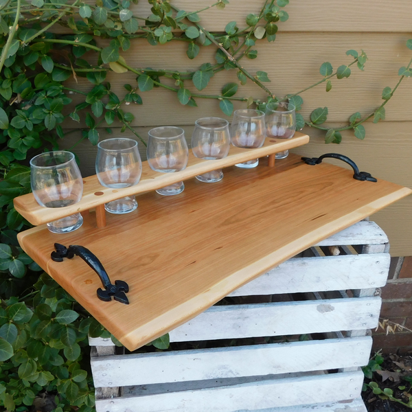 Cherry Wood Beer Flight Charcuterie Board with 6 - 5.5 oz. Luminarc Barlow Taster Glasses