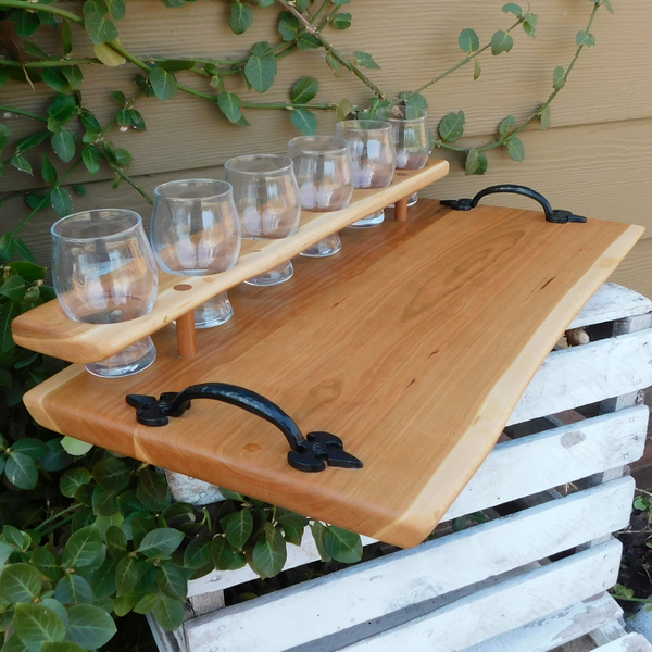 Cherry Wood Beer Flight Charcuterie Board with 6 - 5.5 oz. Luminarc Barlow Taster Glasses