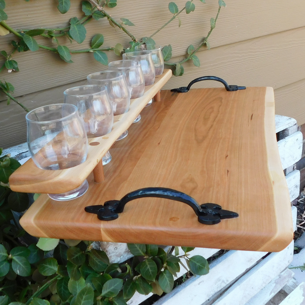 Cherry Wood Beer Flight Charcuterie Board with 6 - 5.5 oz. Luminarc Barlow Taster Glasses