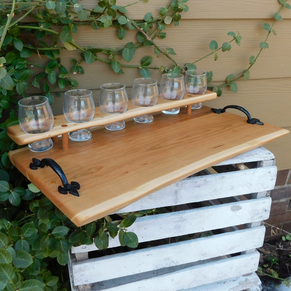 Cherry Wood Beer Flight Charcuterie Board with 6 - 5.5 oz. Luminarc Barlow Taster Glasses