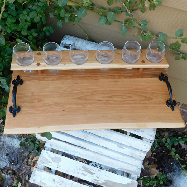 Cherry Wood Beer Flight Charcuterie Board with 6 - 5.5 oz. Luminarc Barlow Taster Glasses