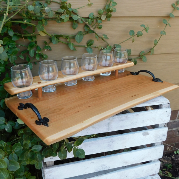 Cherry Wood Beer Flight Charcuterie Board with 6 - 5.5 oz. Luminarc Barlow Taster Glasses