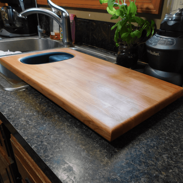 Over The Sink Cherry Wood Edge Grain Cutting Board with Colander and Clear Rubber Grip Feet